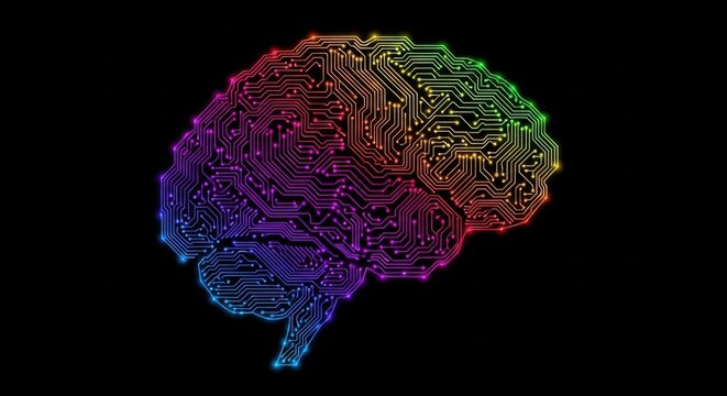 Vibrant circuit board brain with rainbow colors on black background