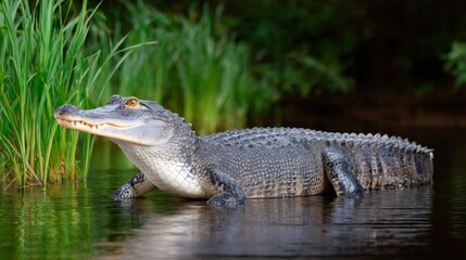 Fototapeta premium Alligator swimming in swamp water looking alert