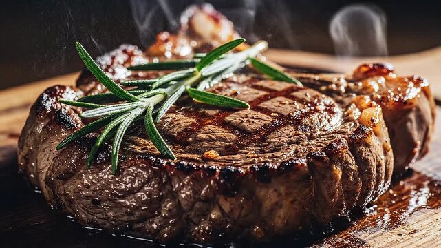 A sizzling seared steak with visible grill marks topped with fresh rosemary resting on a wooden surface with steam rising