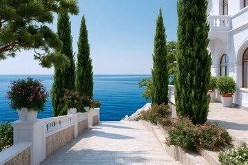 Fototapeta premium Coastal villa path leading to ocean view