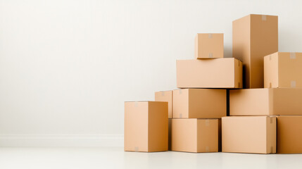 Obraz premium Stack of brown cardboard boxes stacked against white wall ready for shipping or moving with empty space on left side