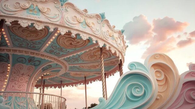 Carousel Amusement Ride with Pastel Waves and Sunset Sky