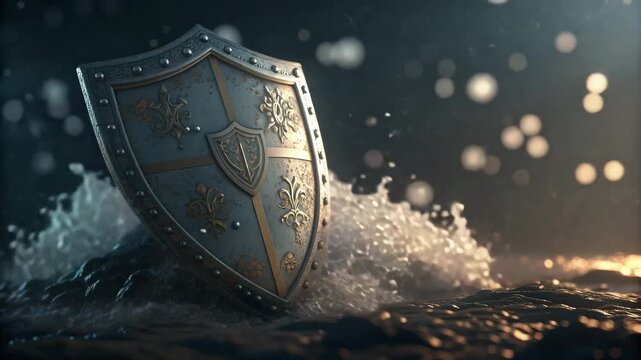 Ancient Shield Standing Strong Amidst Stormy Seas and Falling Light Particles