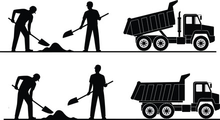 Road construction worker silhouettes with shovel and dump truck isolated on white background for infrastructure, excavation and industrial development design © Ariful