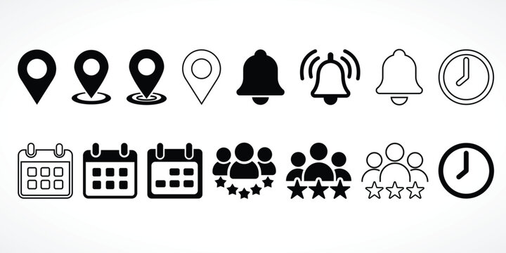 Location, Notification and Calendar Icon Set &ndash; Black Line UI Symbols