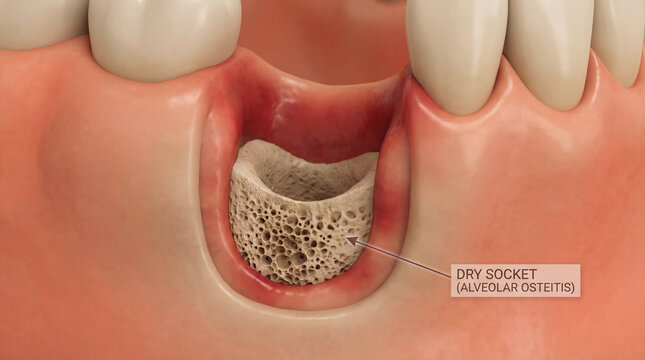 Dry socket alveolar osteitis illustration, dental health problem