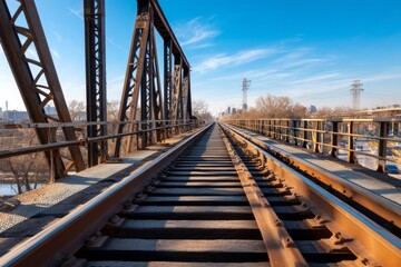 Obraz premium Open Bridge Structure with Railway Tracks Under Clear Blue Sky