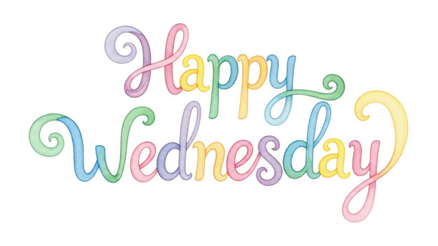 The happy wednesday logo with the words happy wednesday and rainbow colored.