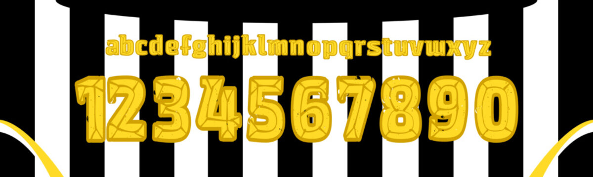 Bold athletic jersey font inspired by Juventus FC colors, with geometric numerals, striped accents, and modern football display style.