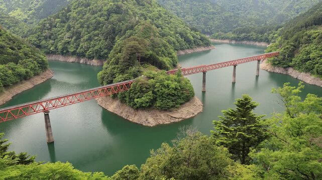 新緑の奥大井湖上駅とアプト式列車