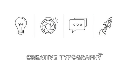 Creative Typography Icons: Idea, Camera, Chat, Rocket Launch