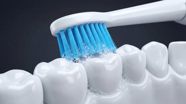 Electric toothbrush cleaning teeth, dental hygiene concept