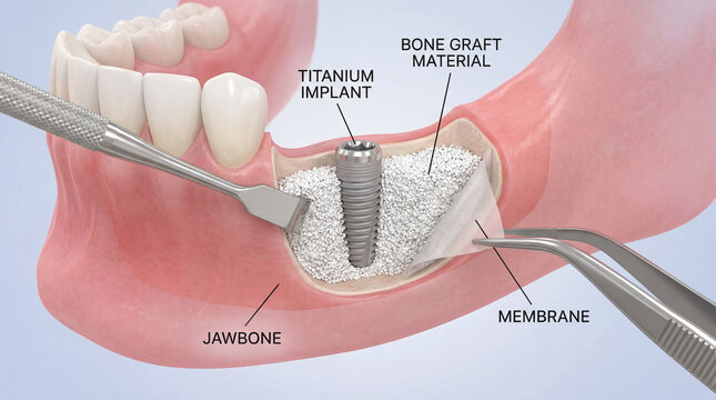 Dental implant surgery illustration, bone graft material