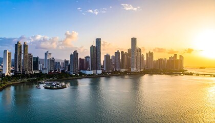 Fototapeta premium Aerial view of a city skyline at sunset, with a bay in the foreground and a bright sun in the background
