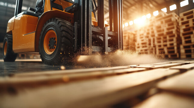 Low angle shot of forklift forks sliding under wooden pallet with dust particles in warehouse with sunlight shining through