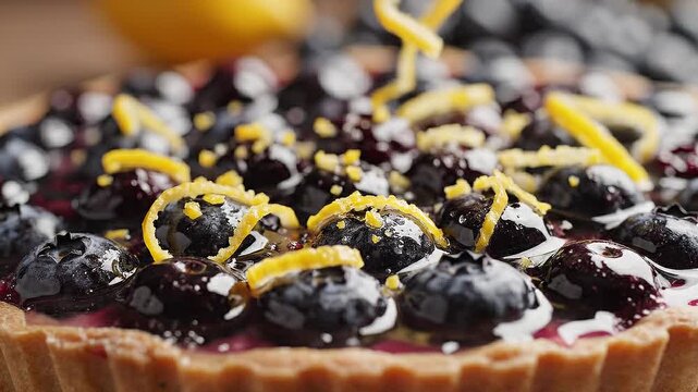 Close-up of a dessert tart filled with glossy blueberries and topped with vibrant yellow lemon zest featuring a textured pastry crust