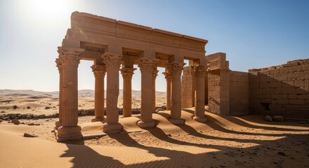 Obraz premium Ancient ruins of sudanese temple in sahara desert with sunlit sand dunes and stone columns