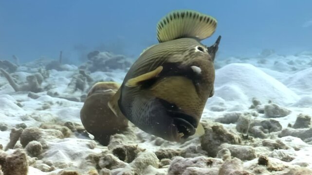 A titan triggerfish swims near the bottom of the Pacific Ocean, gracefully gliding over the sandy seabed dotted with rocks. This vibrant creature adds life to the underwater ecosystem.