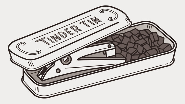 A vector graphic illustration of a tinder tin with a ferrocerium rod and char pieces