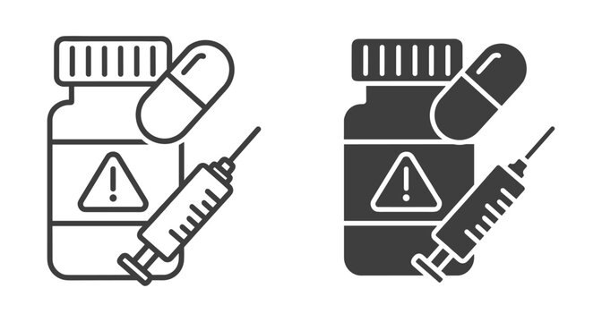 Healthcare icons featuring medicine bottle with warning label capsule and injection syringe
