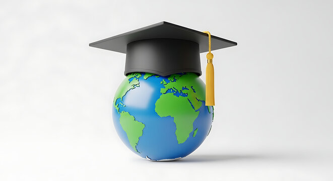A globe wearing a graduation cap with a gold tassel on a white background in a studio shot ai generated