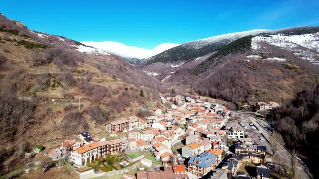 Aerial take of the medieval village of Setcases in the spanish Pyrenees