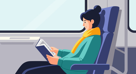 Woman reading a book on a train journey comfortably seated.