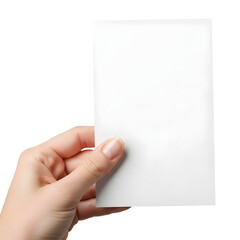 Hand holding blank paper isolated on transparent background