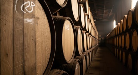 Aging wooden barrels in dimly lit wine cellar: rows of oak casks stacked for fermentation and maturation