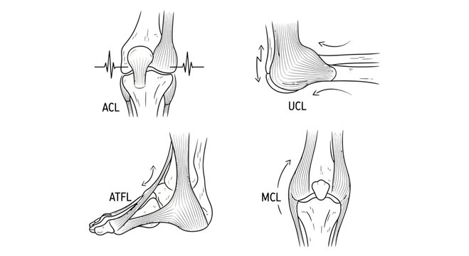 Anatomy Illustrations: Knee, Ankle, Foot Ligament Injuries and Sprains
