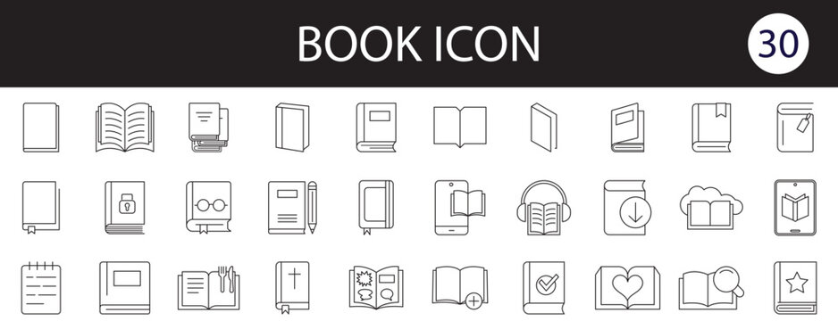Book icon set. Line book icon. Library book symbol. Open and close textbook. Editable stroke. Vector illustration.