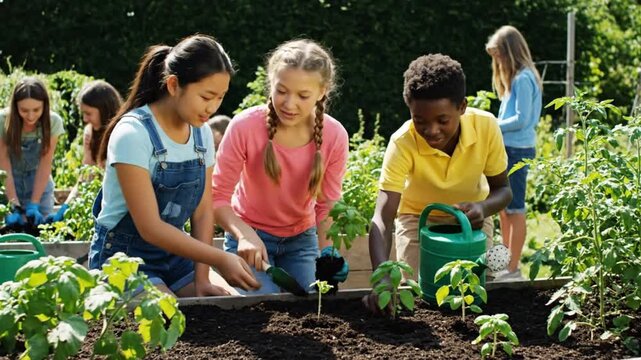 Children gardening together in community garden on sunny day