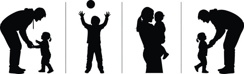 Family silhouette set with parents and children, father playing with toddler, mother holding baby, kids playing ball, black white vector.
