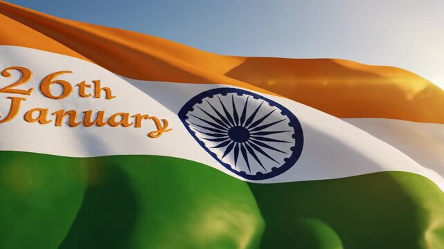 Cinematic slow motion shot of an Indian Republic Day celebration banner design for January 26th featuring national tricolor flag colors in a patriotic festive cultural display background