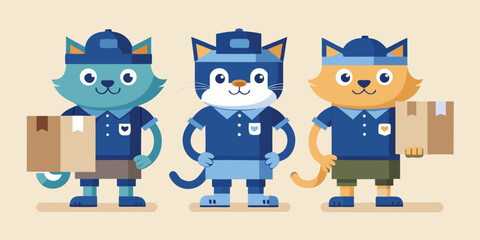 Three delivery cats in uniforms carrying packages with friendly smiles