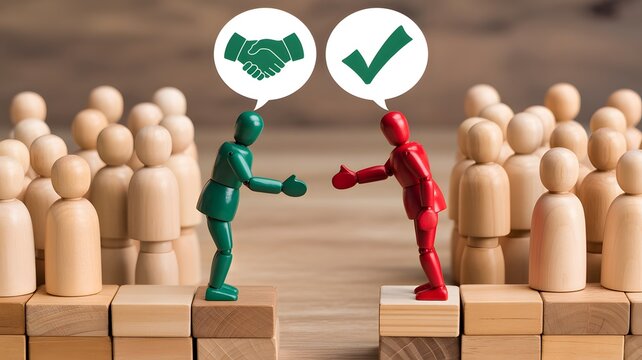 Business Agreement and Approval Between Opposing Leaders, Handshake and Check Mark Symbol Above Teams, Negotiation Success, Corporate Partnership and Conflict Resolution Outcome