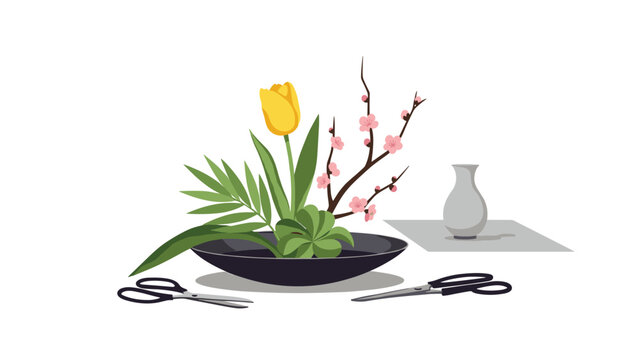 Traditional Japanese ikebana floral arrangement with yellow tulip, pink blossoms, and green leaves in a dark shallow bowl.