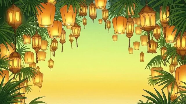 Vibrant Ramadan lanterns hanging among palm leaves