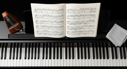 Open sheet music on digital piano with metronome and cloth on black surface