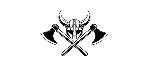 Black and white graphic emblem featuring a traditional horned viking helmet with two crossed battle axes for a warrior theme.