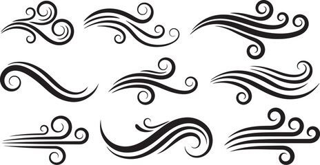 Fototapeta premium Collection of various black wind swirl design elements icons