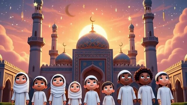 Diverse group of children in traditional Islamic attire praying together outside a beautiful mosque at sunset