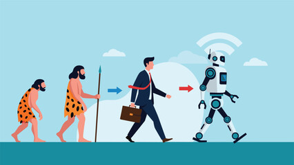 Evolution of man from primitive caveman to modern businessman and finally into an advanced artificial intelligence robot character.