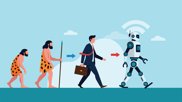 Evolution of man from primitive caveman to modern businessman and finally into an advanced artificial intelligence robot character.