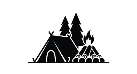 Camping scene with a tent trees and campfire a dark silhouette © MDAUAL