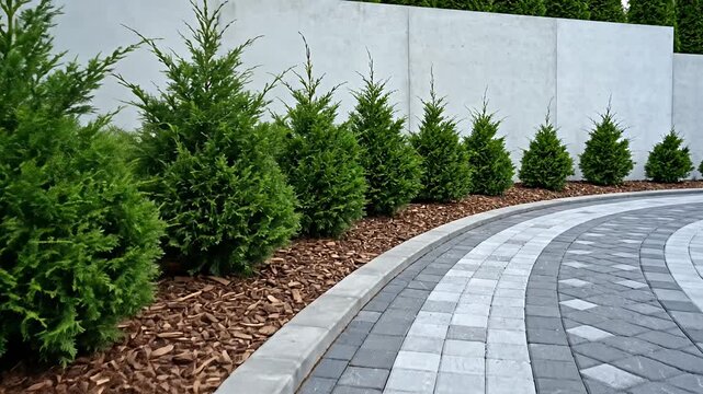 Curving paved pathway bordered by manicured evergreen shrubs and mulch