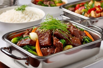 Fototapeta premium Beef and broccoli stir fry with steamed rice