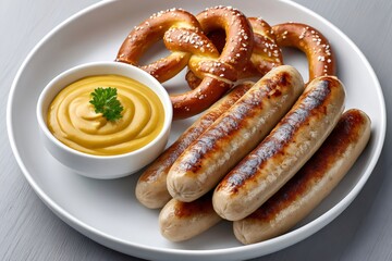 Fototapeta premium Grilled bratwurst sausages with pretzels and mustard dip