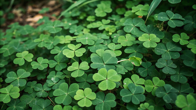 Fresh green clover leaves covering ground in natural sunlight outdoor spring garden background