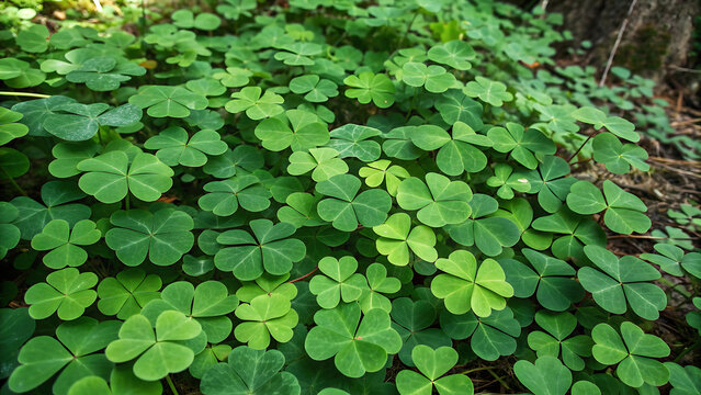 Lush green clover leaves covering forest floor in natural sunlight with fresh growth close-up